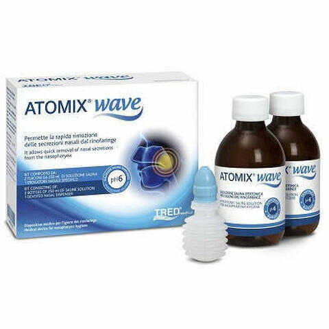 Atomix Wave Dispositivo Per Igiene Rinofaringea Atomix Soluzione Salina 250ml 2 Pezzi + Terminale Nasale + Erogatore A Soffietto